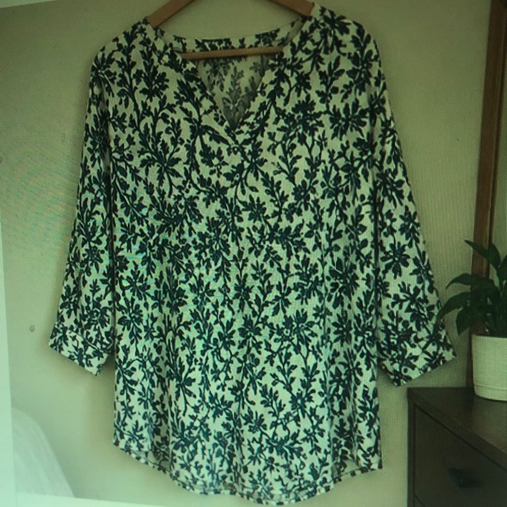 V-Neck White Blouse with Navy Floral Print